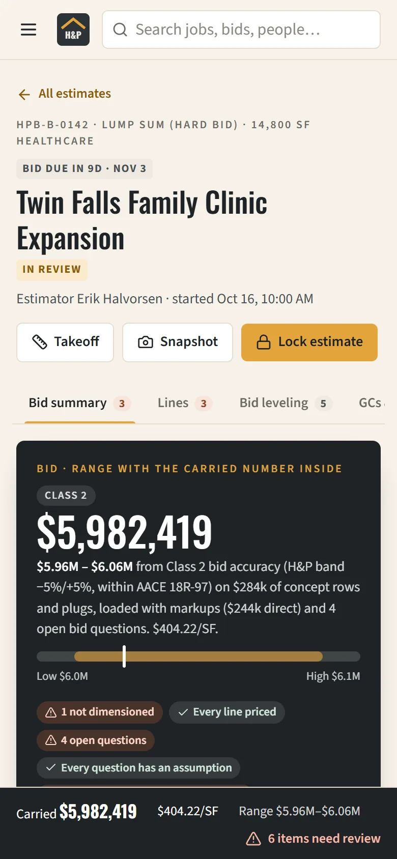 The estimate summary on a phone, with the carried bid number and its range