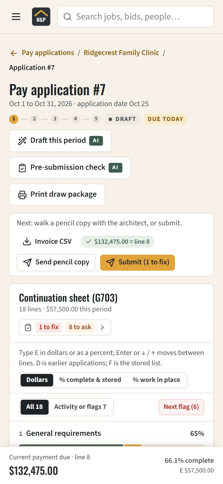 The same pay application on a phone, with its workflow and AI actions
