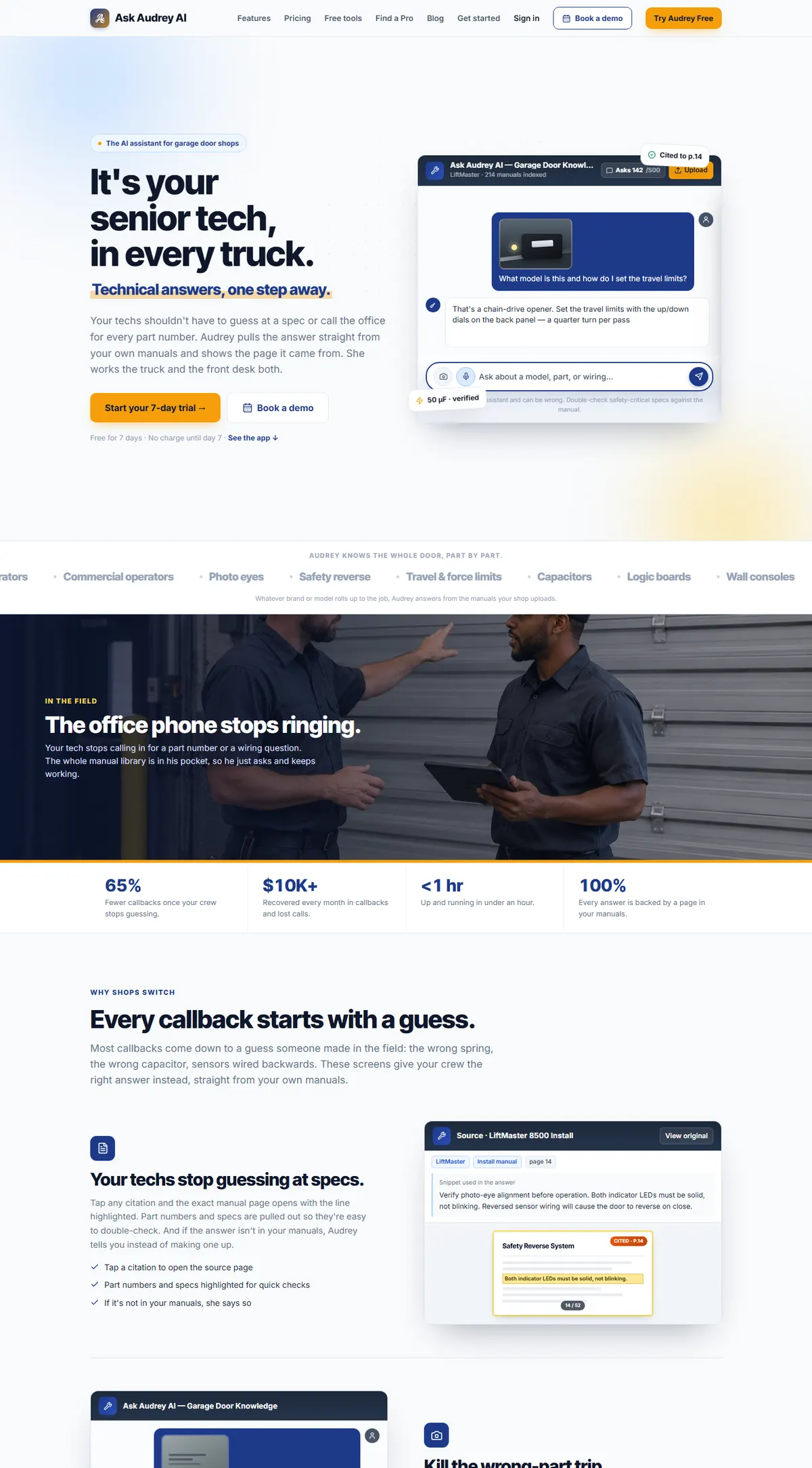 Ask Audrey AI homepage, full length: hero, parts ticker, field photo band, stat strip and feature sections with source-citation mockups