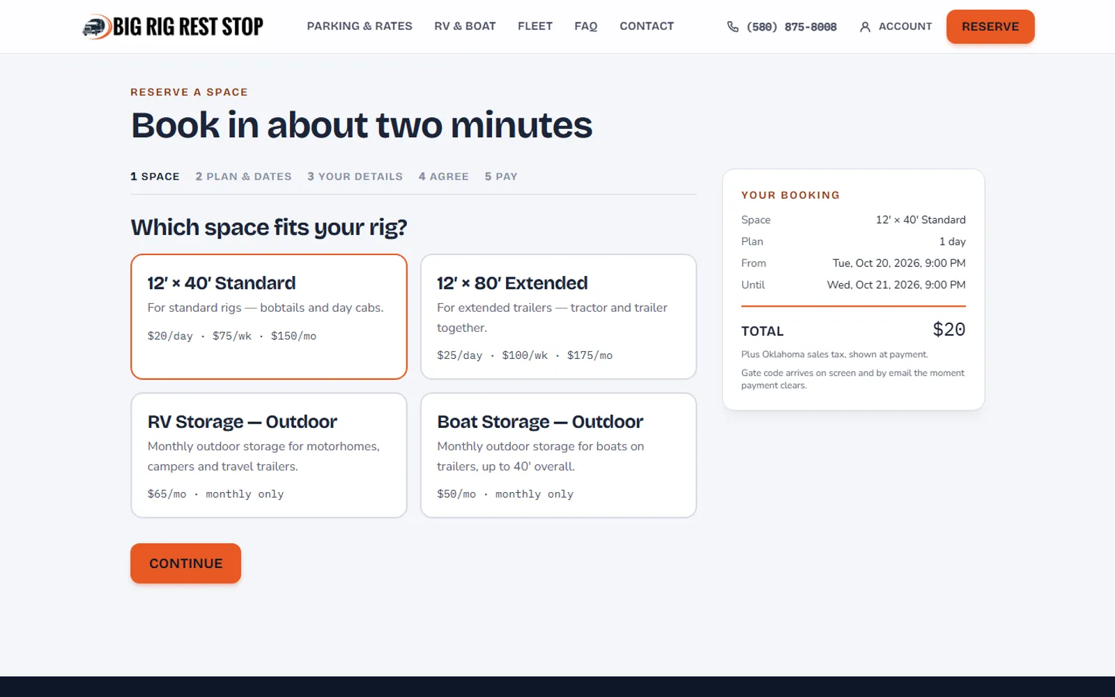 Booking wizard, step 1 of 5: choose a 12x40, 12x80, RV or boat space, with a running booking summary and total