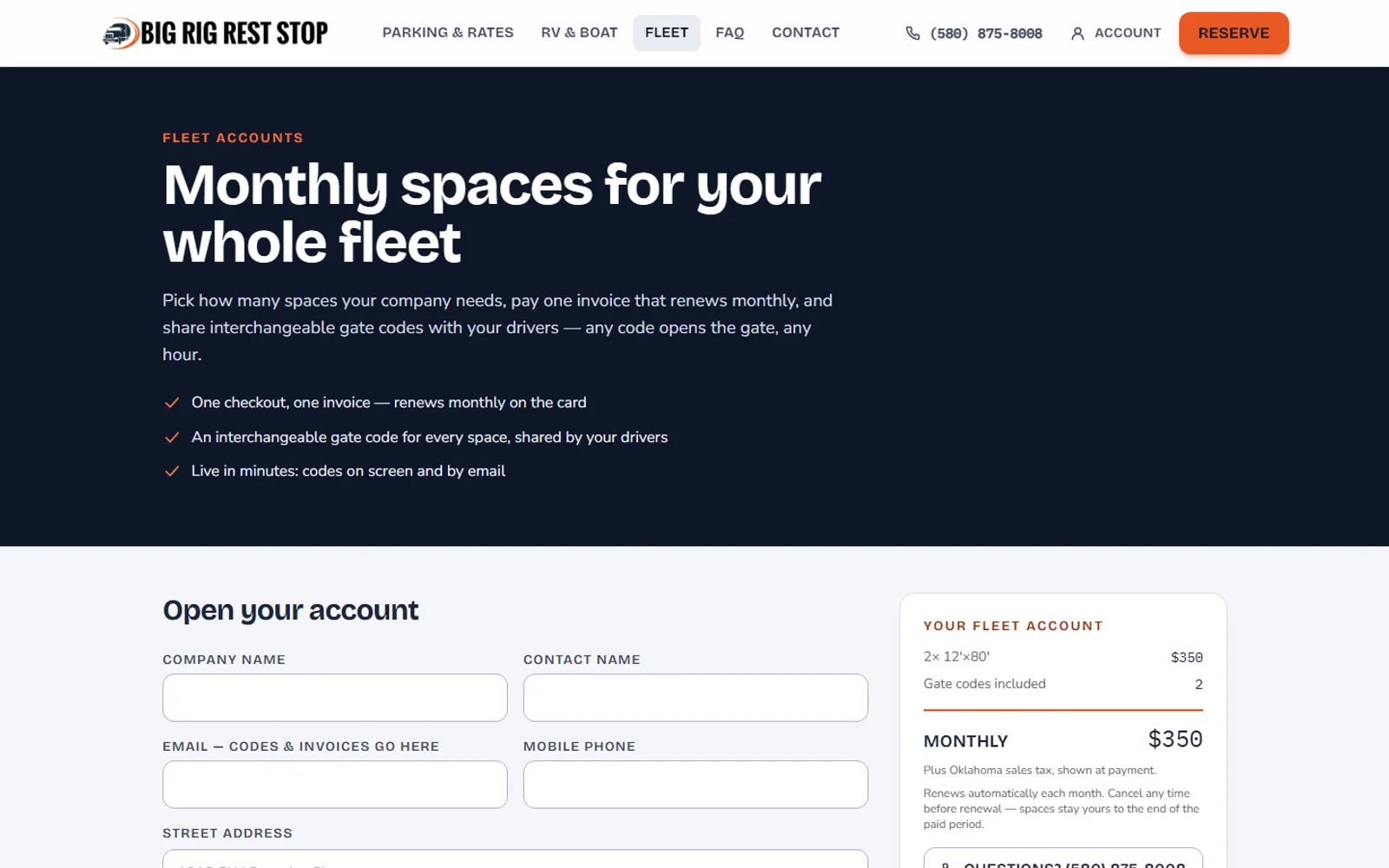Fleet accounts page: company signup form next to a monthly fleet summary priced at $350 for two 12x80 spaces