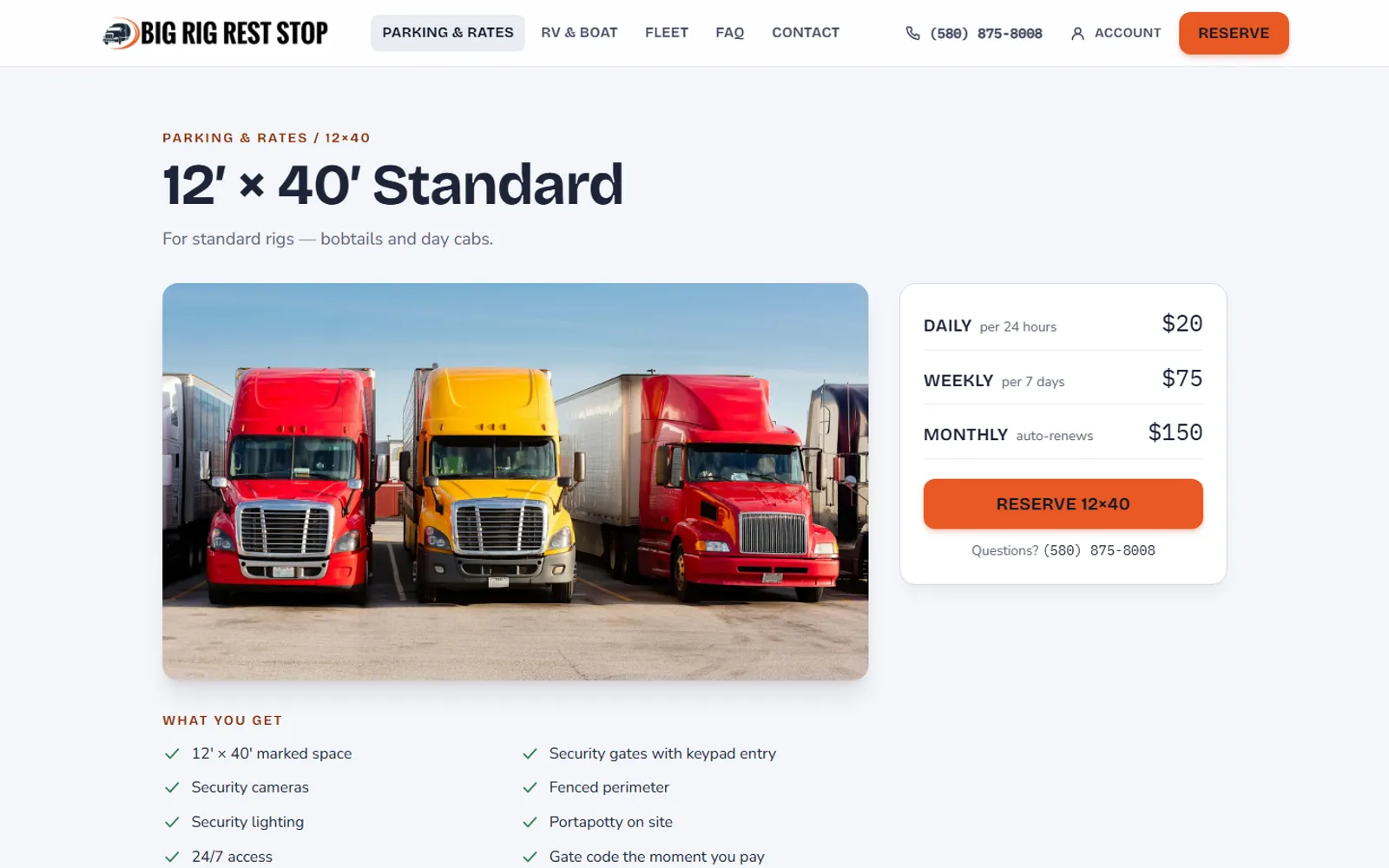 12 by 40 standard space page with a truck photo, a daily/weekly/monthly price card and a list of included features