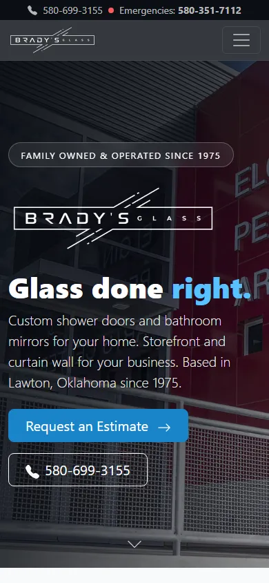 Brady's Glass homepage on a 390px phone screen, with tap-to-call numbers in the top bar and full-width estimate and call buttons