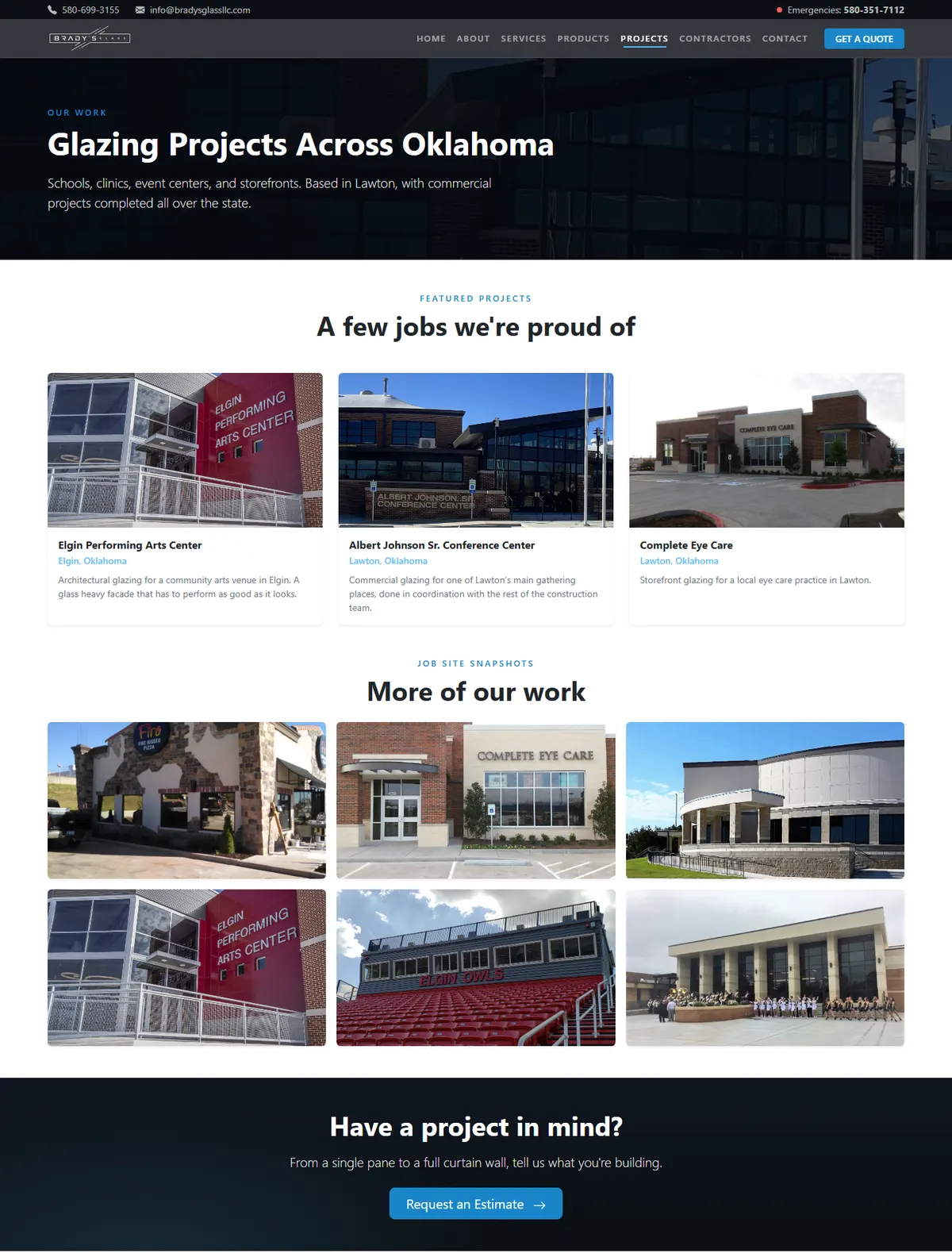 Brady's Glass projects page with three featured commercial projects and a six-photo job site gallery