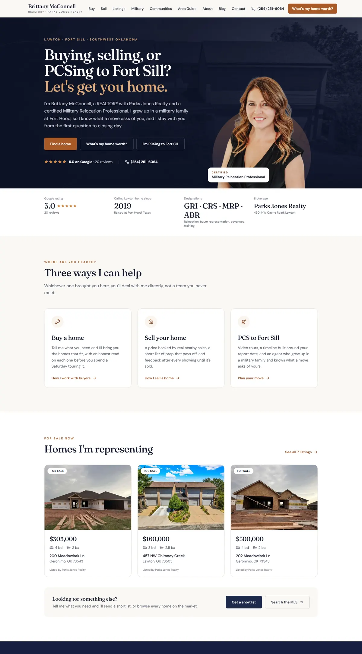 Full homepage of the Brittany McConnell site showing the hero, a facts strip, three service cards and a grid of current listings