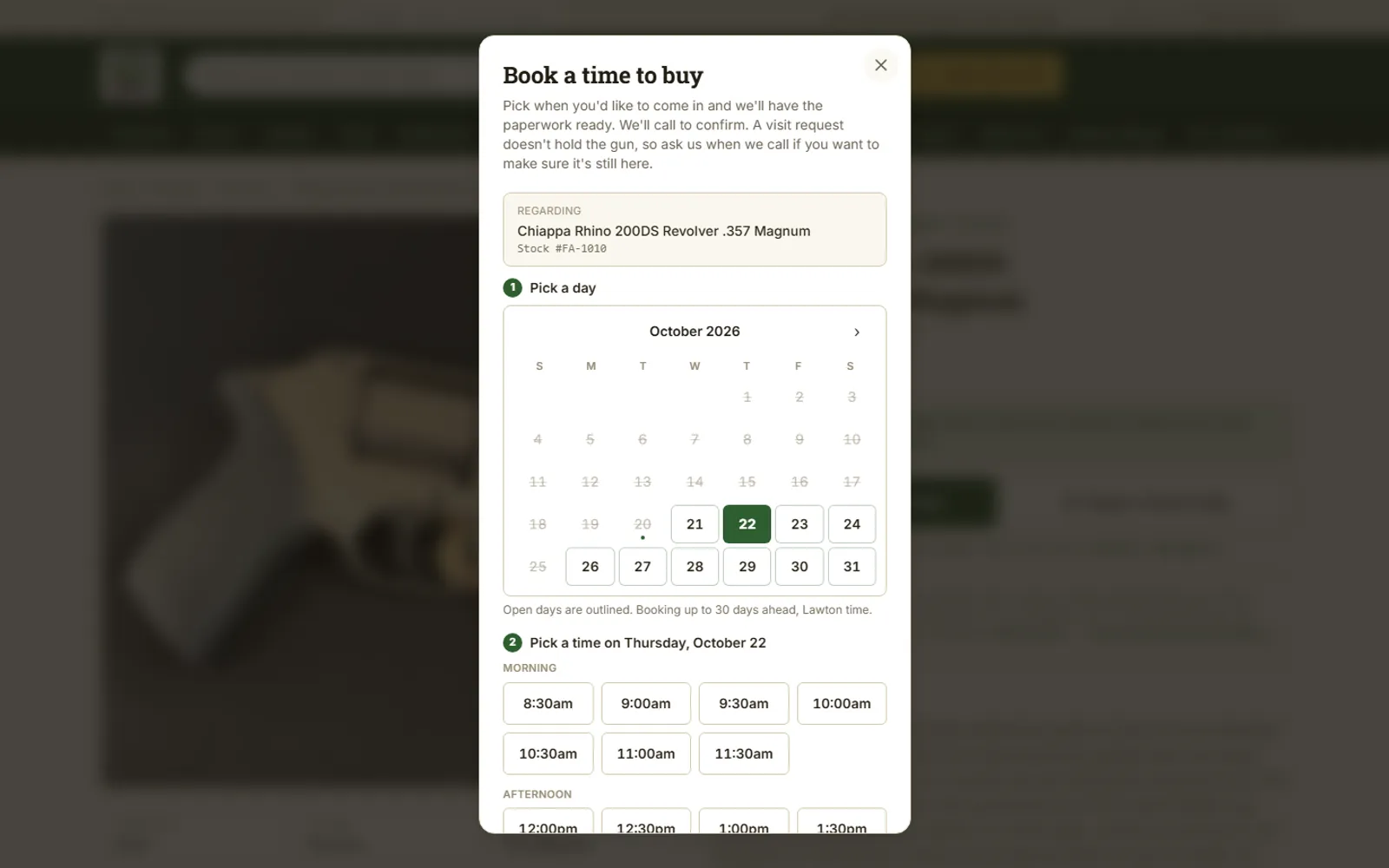 Book a time to buy dialog with a 30-day calendar and half-hour time slots