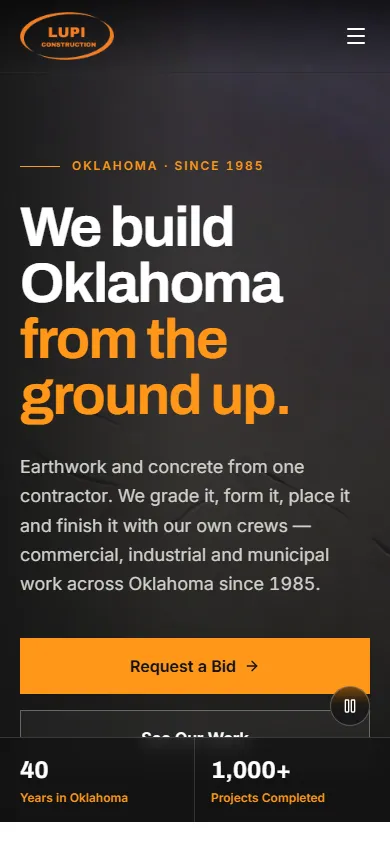 Lupi Construction homepage on a 390px phone screen: logo, menu button, stacked headline, and a full-width Request a Bid button