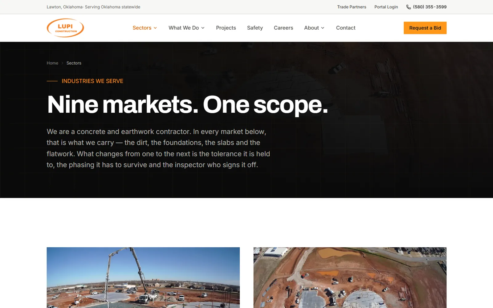 Lupi Construction Sectors index page: 'Nine markets. One scope.' headline above a grid of jobsite photos