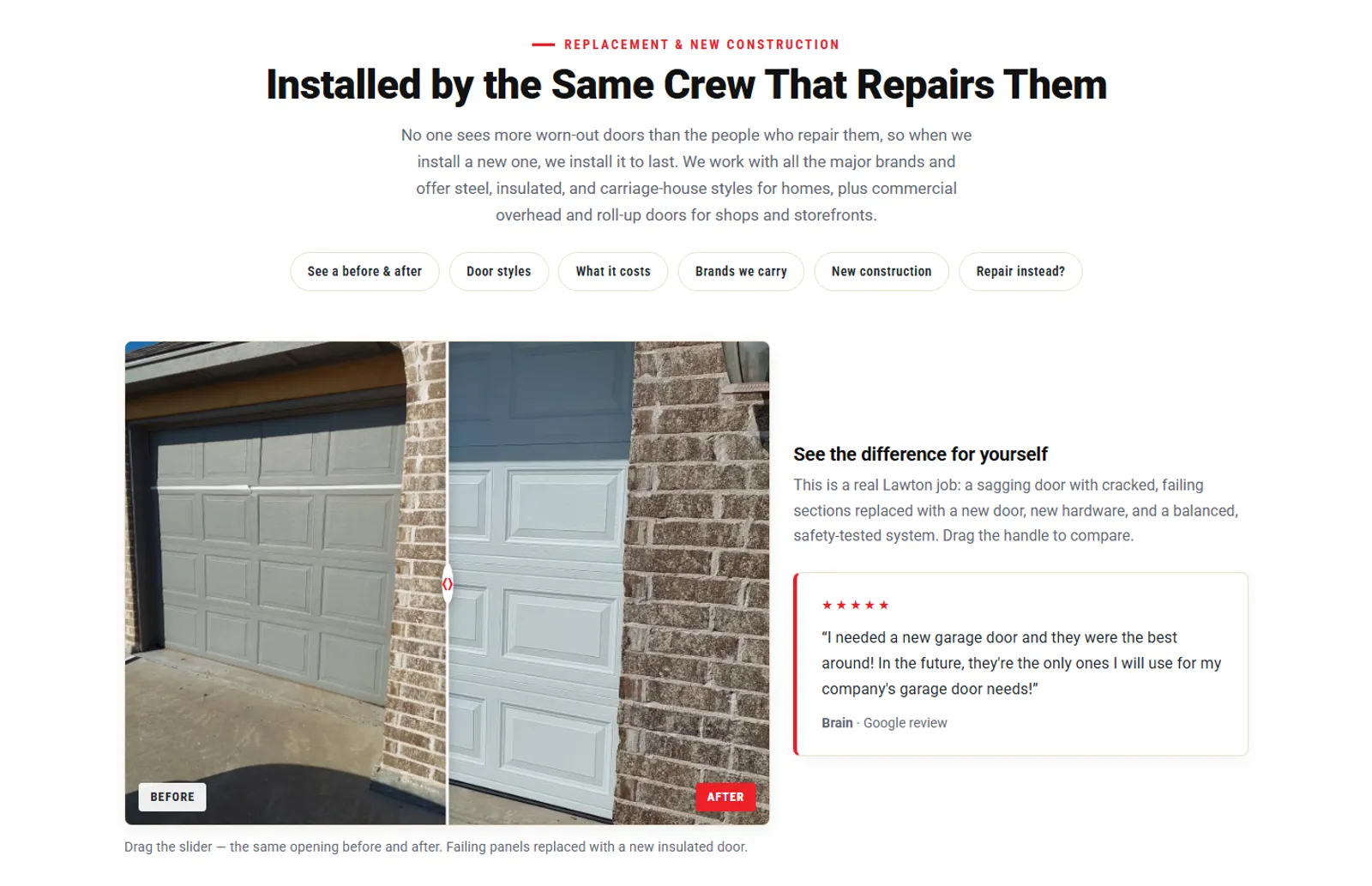 Draggable before-and-after slider comparing a worn garage door with its replacement, beside a customer review