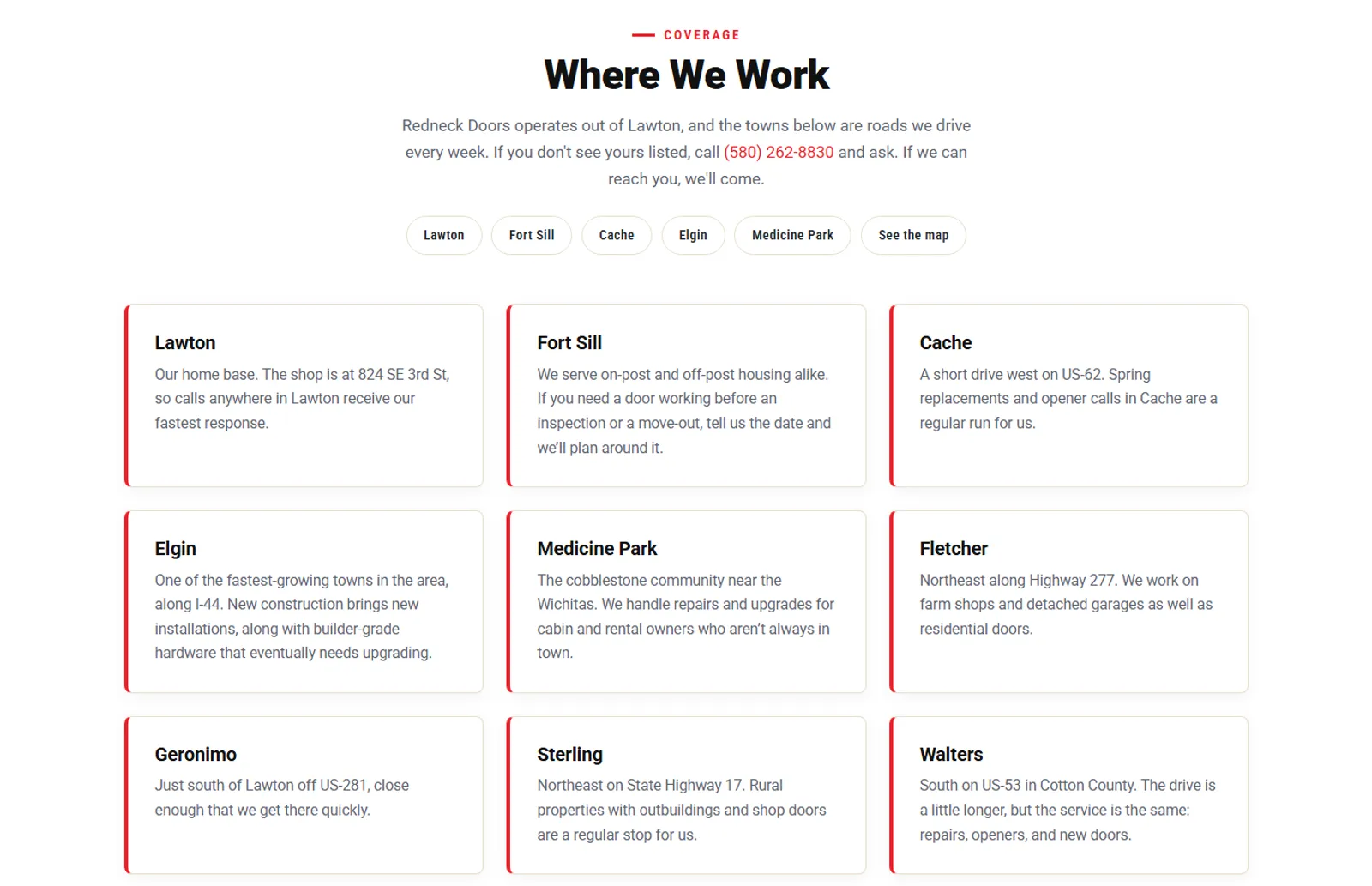 Service area page with cards for nine towns around Lawton, Oklahoma, each with local notes